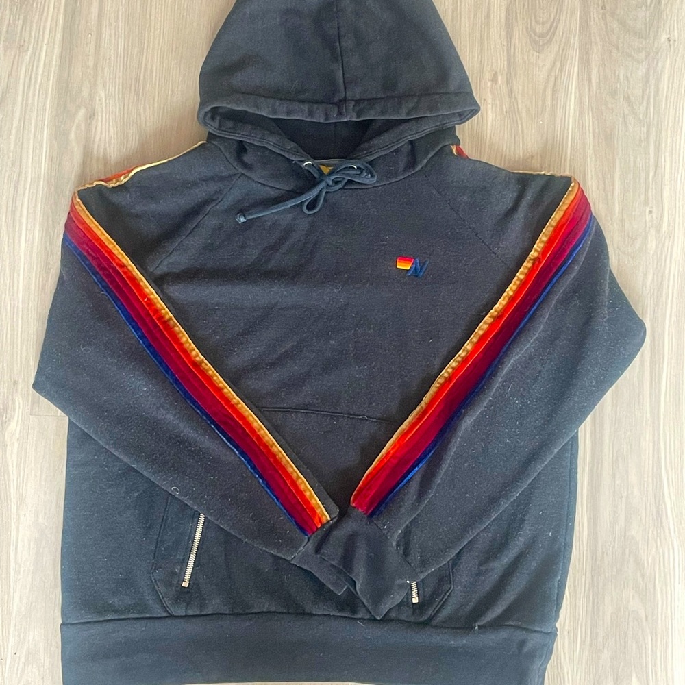 Aviator nation velvet five stripe hoodie! Charcoal, size L